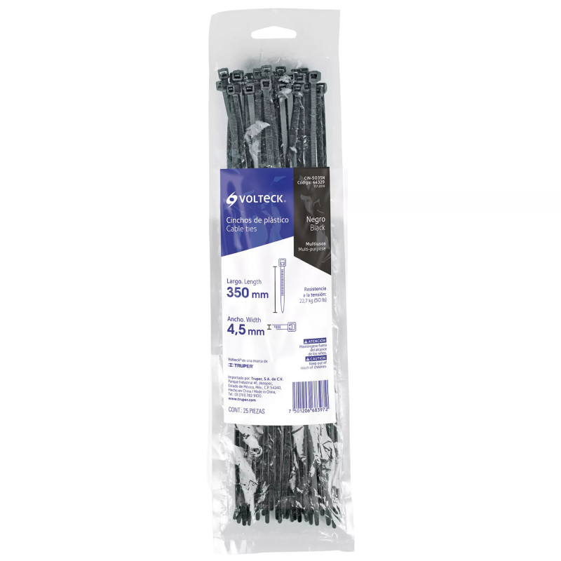 ‣ Bolsa 25 Cinchos Plásticos 50 Lb, 350X4.5 Mm, Negros | Volteck