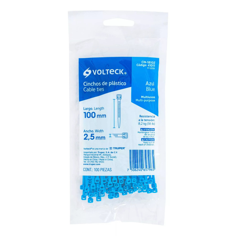 ‣ Bolsa 100 Cinchos Plásticos 18 Lb, Azul | Volteck