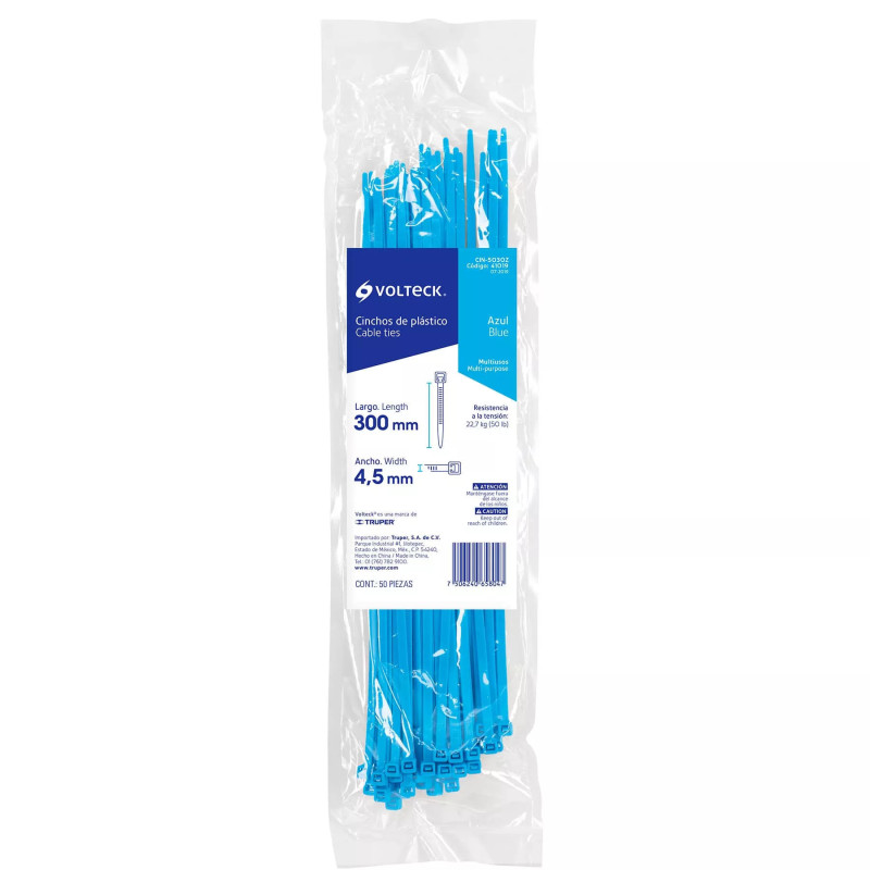 ‣ Bolsa 50 Cinchos Plásticos 50 Lb, 300x4.5 Mm, Azules | Volteck