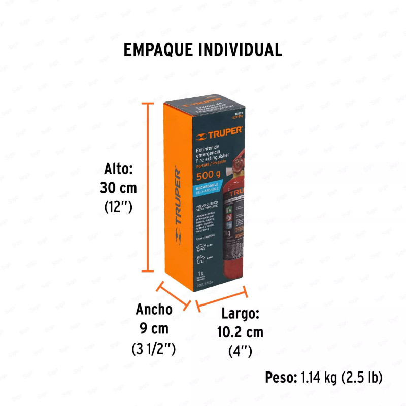 Extintor portátil recargable 0.5 kg, polvo tipo ABC, Truper