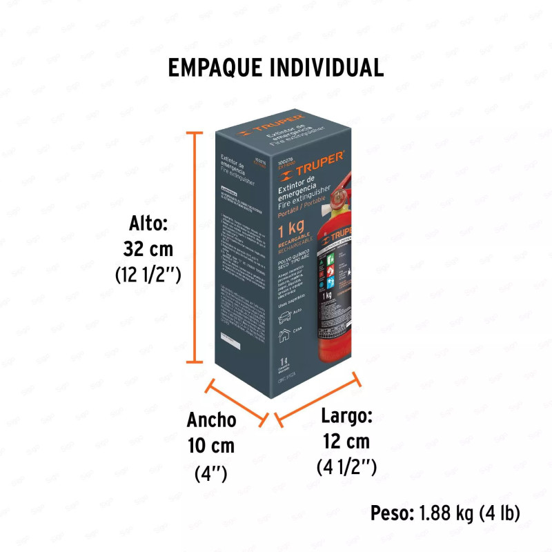 Extintor portátil recargable 1 kg, polvo tipo ABC, Truper