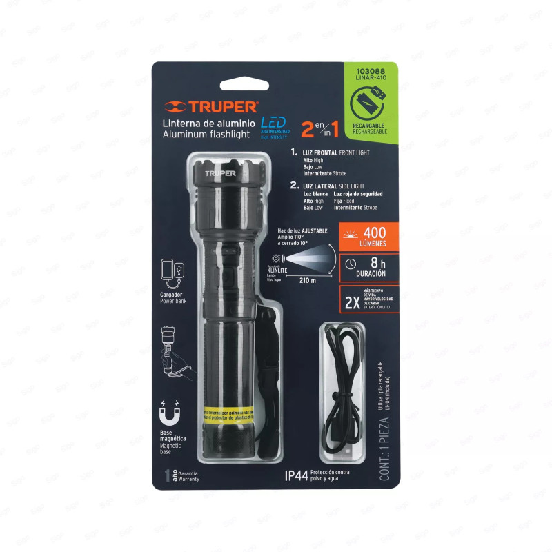 Linterna LED recargable c/luz de emergencia, 410 lm, Truper