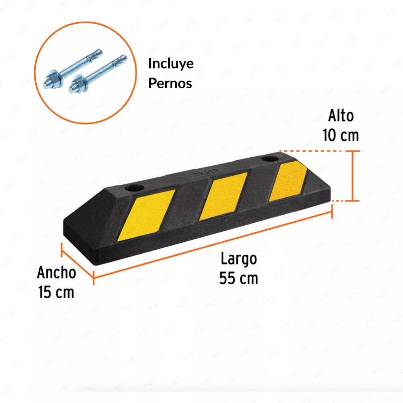 Tope para carro Truper 55 cm color negro con franjas amarillas reflejantes, resistente a rayos UV, aceite y humedad.