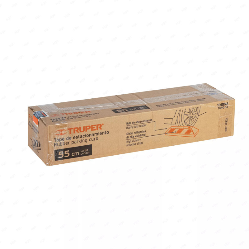 Empaque individual del tope de estacionamiento Truper 55 cm de hule con franjas amarillas, listo para distribución y venta.