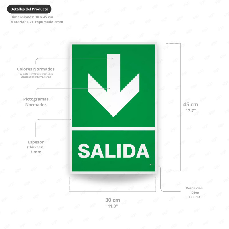 ‣ Rótulo de Ruta de Evacuación - Salida Flecha para Abajo | SIGO
