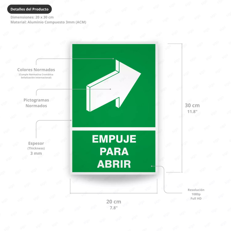 ‣ Rótulo de Ruta de Evacuación - Empuje Para Abrir | SIGO