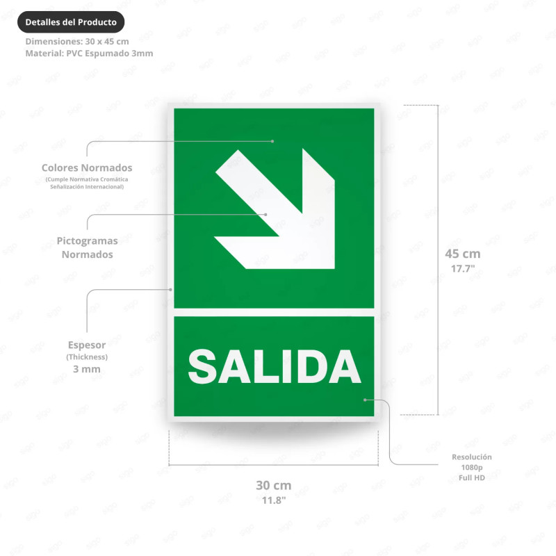 ‣ Rótulo de Ruta de Evacuación - Salida Flecha para Abajo la... | SIGO