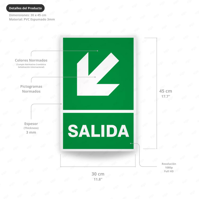 ‣ Rótulo de Ruta de Evacuación - Salida Flecha para Abajo la... | SIGO