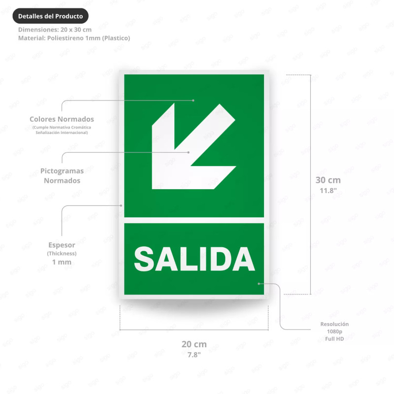 ‣ Rótulo de Ruta de Evacuación - Salida Flecha para Abajo la... | SIGO