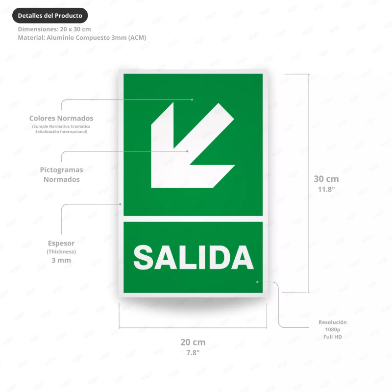 ‣ Rótulo de Ruta de Evacuación - Salida Flecha para Abajo la... | SIGO