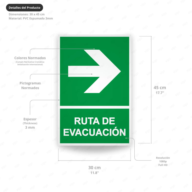 ‣ Rótulo de Ruta de Evacuación - Salida Flecha lado Derecha | SIGO