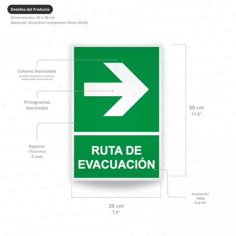 ‣ Rótulo de Ruta de Evacuación - Salida Flecha lado Derecha | SIGO