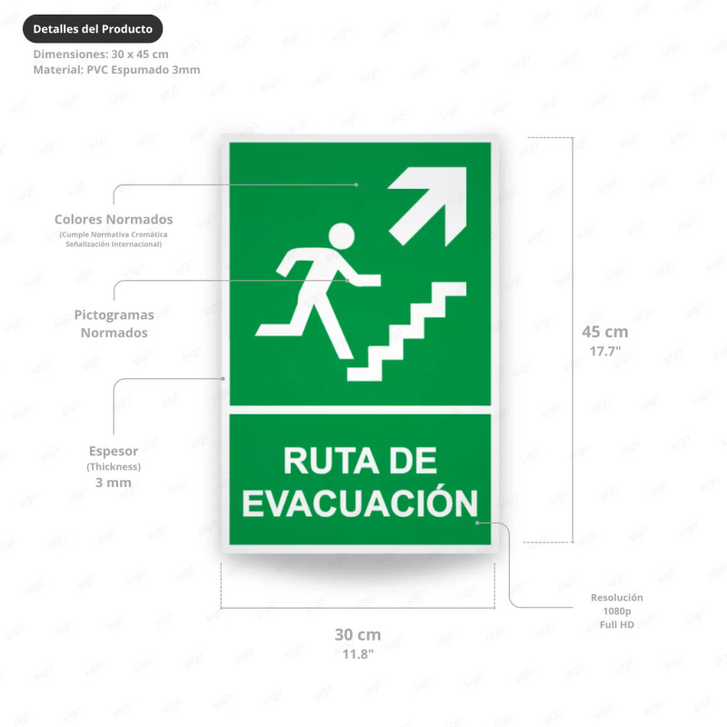 ‣ Rótulo de Ruta de Evacuación - Ruta de Evacuación flecha pa...| SIGO
