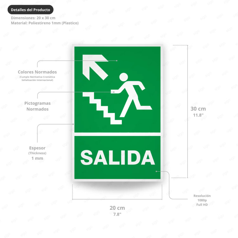 ‣ Rótulo de Ruta de Evacuación - Salida flecha arriba lado iz... |SIGO