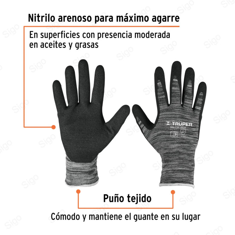 Guantes de Nylon Recubiertos de Nitrilo Arenoso, M, Truper, Protección de Manos