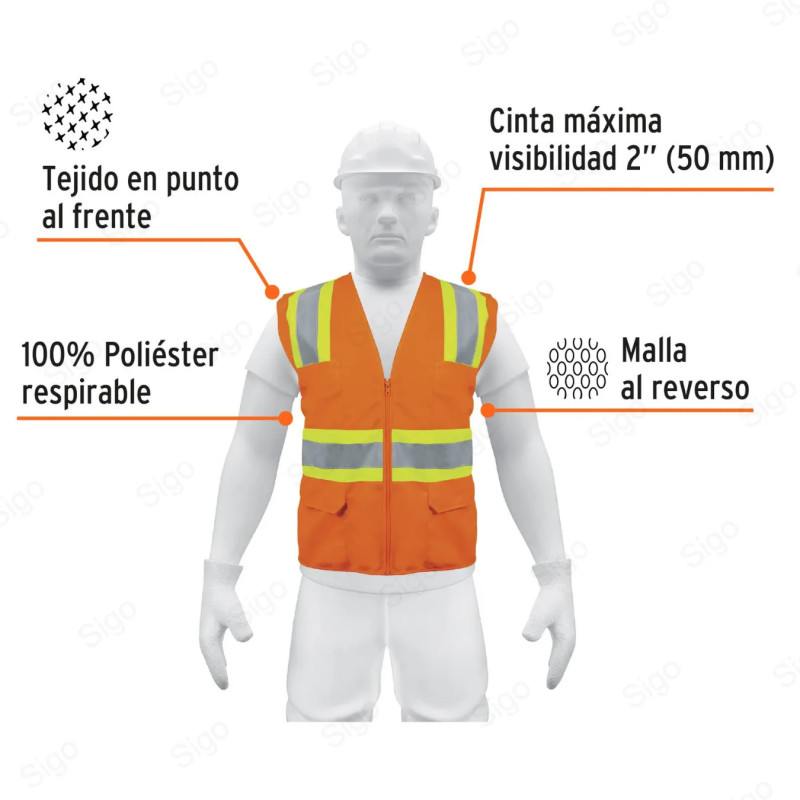 Chaleco Reflectivo de Seguridad Naranja Max Visibilidad 6 Bolsas, Chalecos Reflectivos