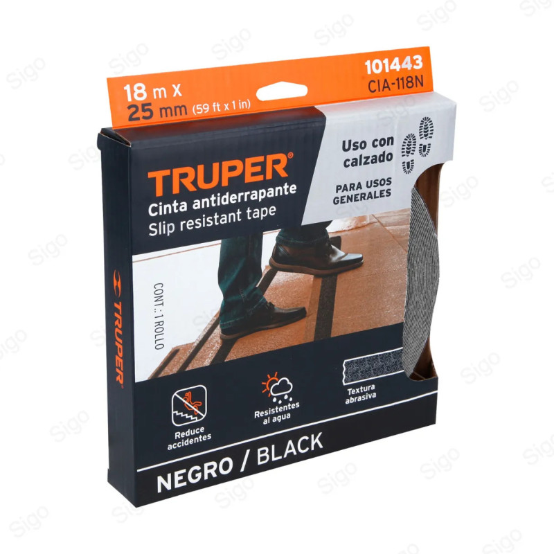 ▶︎  Rollo Cinta Antideslizante Negra 1" x 18 Metros | TRUPER
