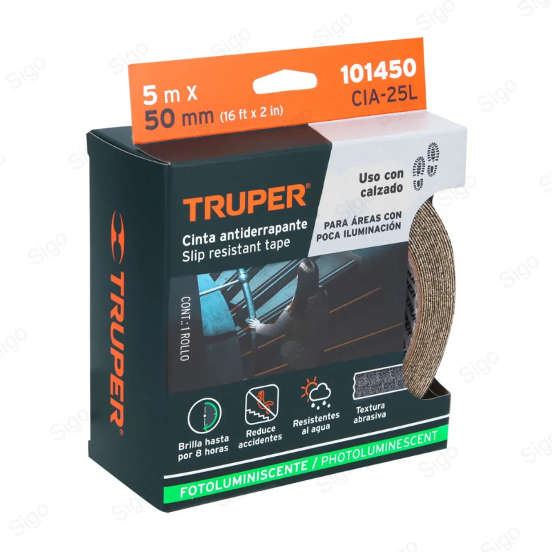 ▶︎ Rollo Cinta Antideslizante Fotoluminicente 2" x 5 Metros | TRUPER