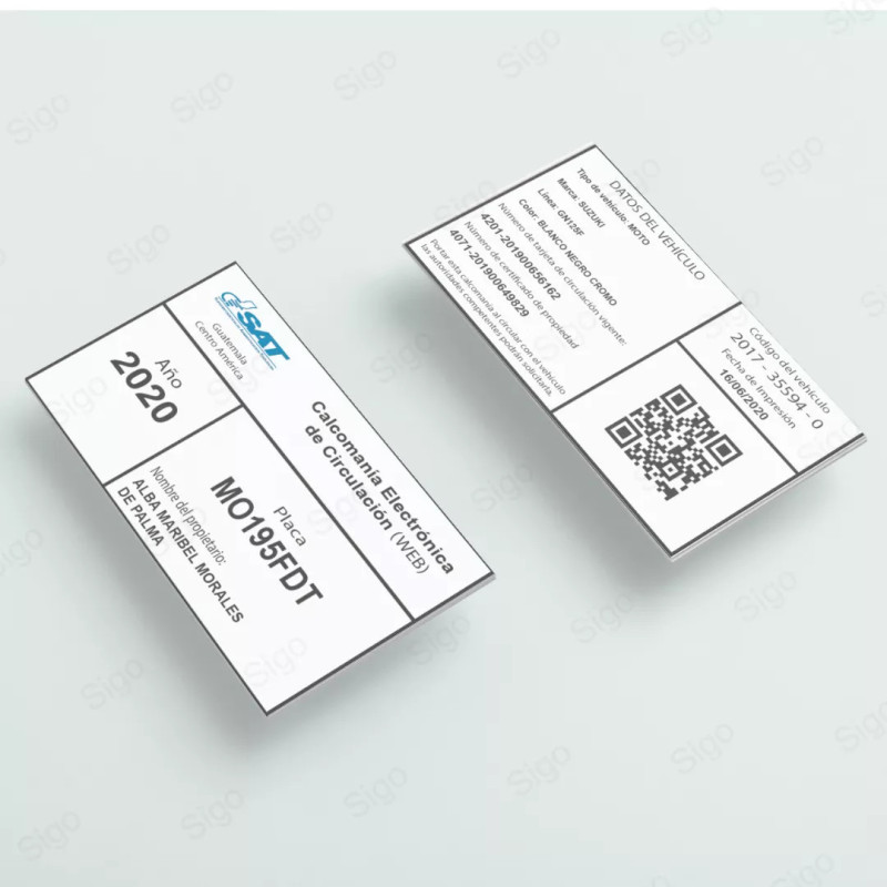 Servicio de Impresión de Carnet Tarjeta Circulación Vehículo - Carnets de PVC - SIGO Expertos en Impresión Digital Guatemala