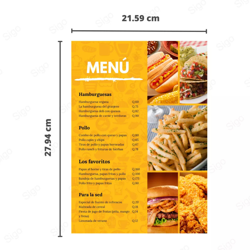 Menu Restaurante Tamaño Carta