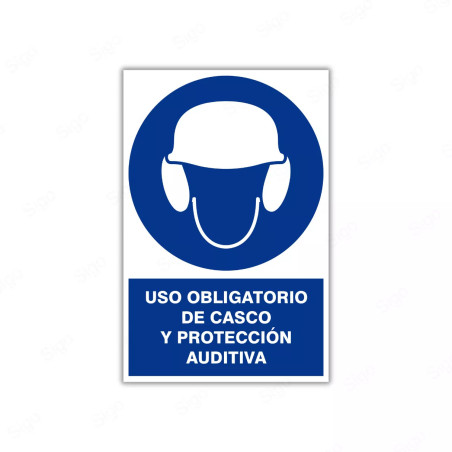 Rótulo de Obligación - Uso obligatorio de casco y protección auditiva| Cod. OB-15