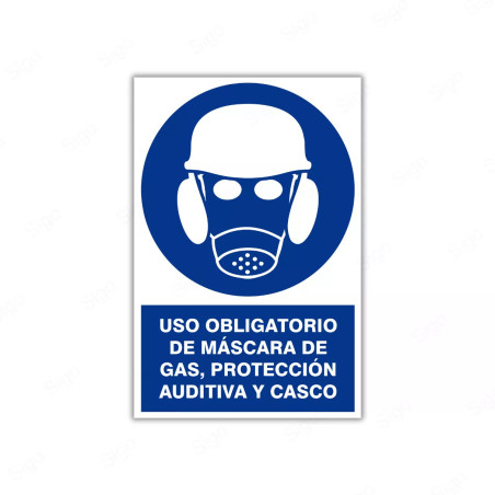 Rótulo de Obligación - Uso obligatorio de mascara de gas, protección auditiva y  casco| Cod. OB-18