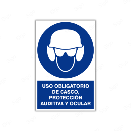 Rótulo de Obligación - Uso obligatorio de casco, protección auditiva y ocular| Cod. OB-19