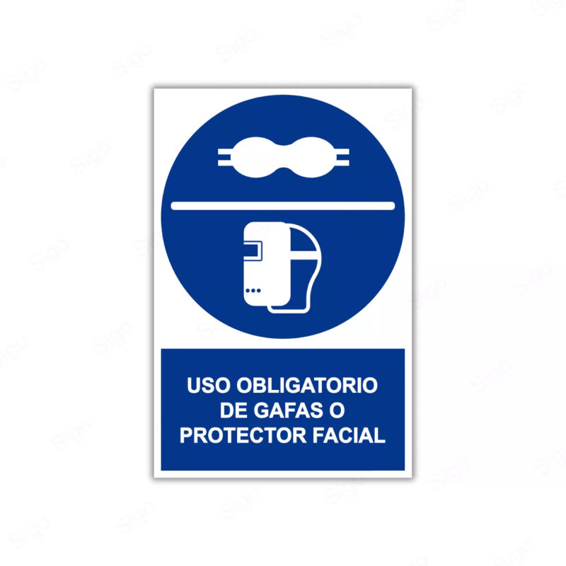 Rótulo de Obligación - Uso obligatorio de gafas y protector facial| Cod. OB-67