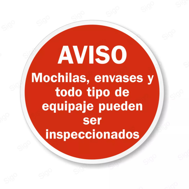 Rótulo de Aviso - Mochilas y todo equipo puede ser inspeccionado  | Cod. AVI-02