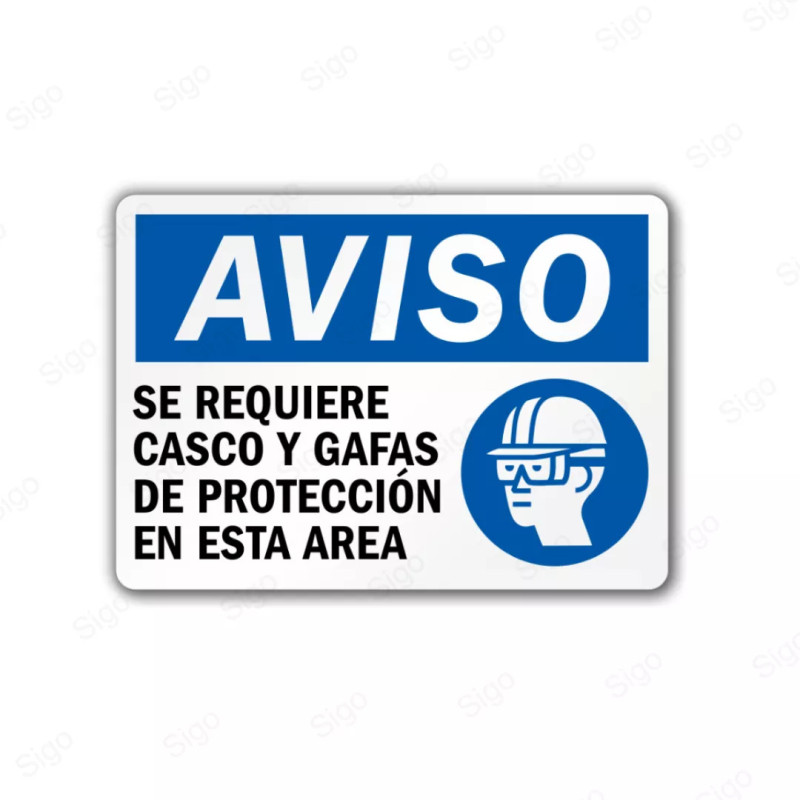 Rótulo de Aviso - Se requiere casco y gafas de protección en esta área | Cod. AVI-18