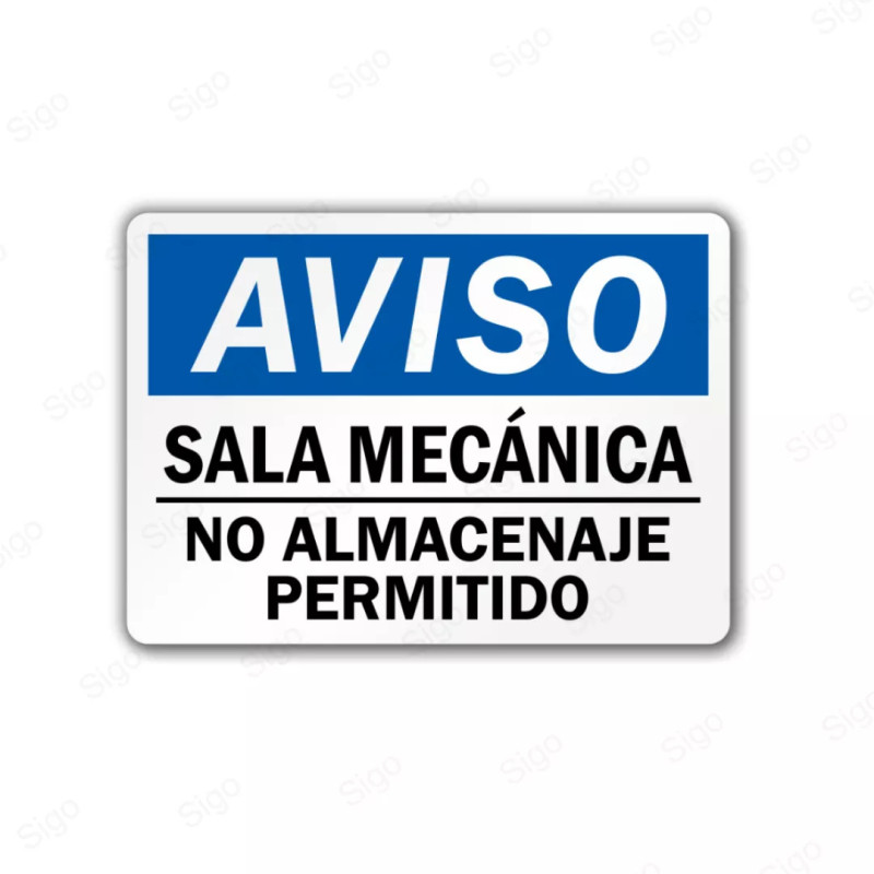 Rótulo de Aviso - Sala de mecánica no almacenaje permitido | Cod. AVI-20