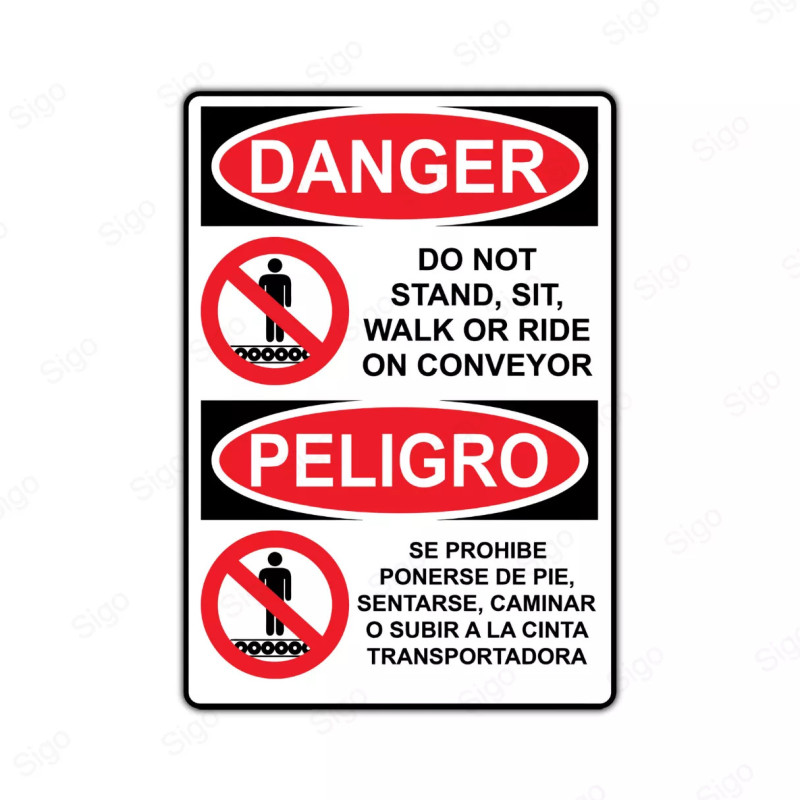 Rótulo de Peligro - Se prohíbe ponerse de pie, sentarse, caminar o subir a la cinta transportadora | Cod. PEL - 17