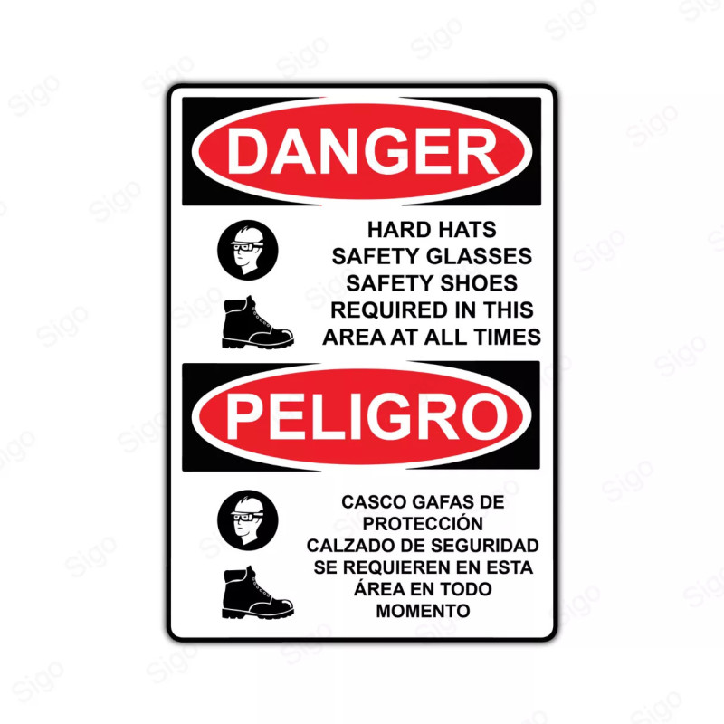 Rótulo de Peligro - Casco, gafas de protección y calzado de seguridad se requiere en esta área en todo momento | Cod. PEL - 46