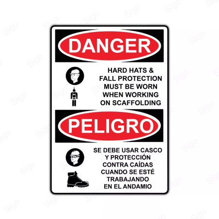 Rótulo de Peligro - Se debe usar casco y protección contra caídas cuando se este trabajando en el andamio  | Cod. PEL - 47