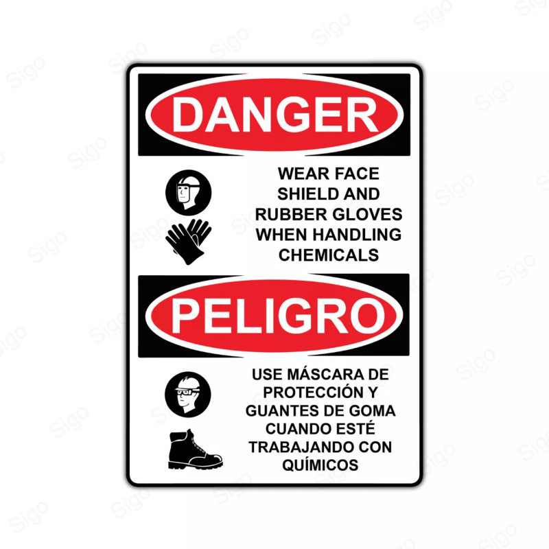 Rótulo de Peligro - Use máscara de protección y guantes de goma cuando este trabajando con químicos   | Cod. PEL - 48