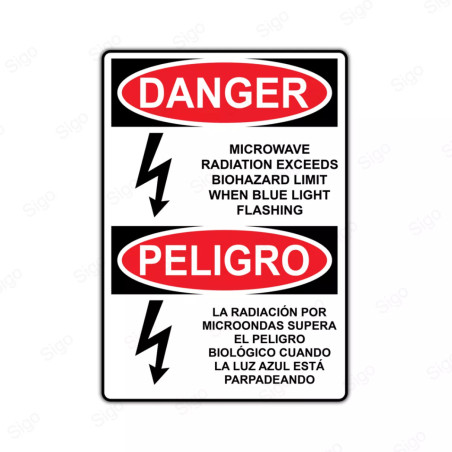 Rótulo de Peligro - La radiación por microondas supera el peligro biológico cuando la luz azúl está parpadeando| Cod. PEL - 50
