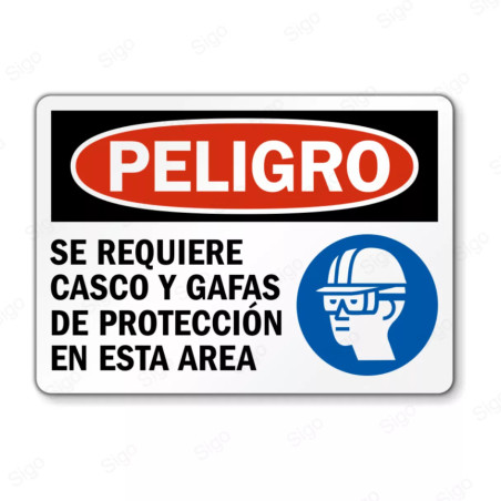 Rótulo de Peligro - Se requiere casco y gafas de protección en esta área | Cod. PEL - 91