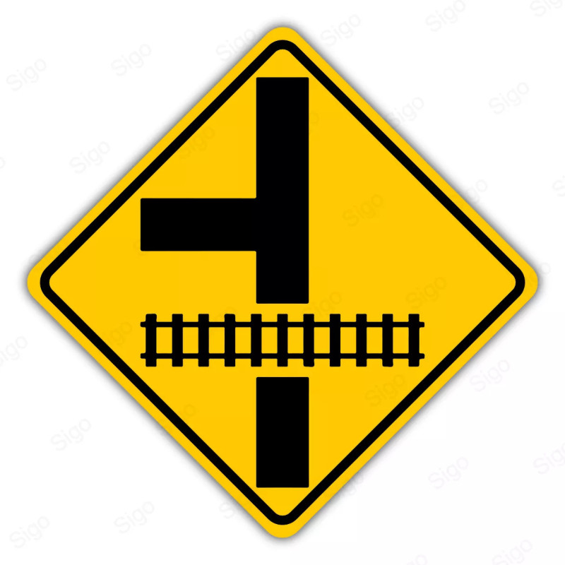 ‣ Rótulo Vial Advertencia - Intersección Vial en T Próxima a Cruce con Via Férrea | Cod. SP -  35b | Sigo