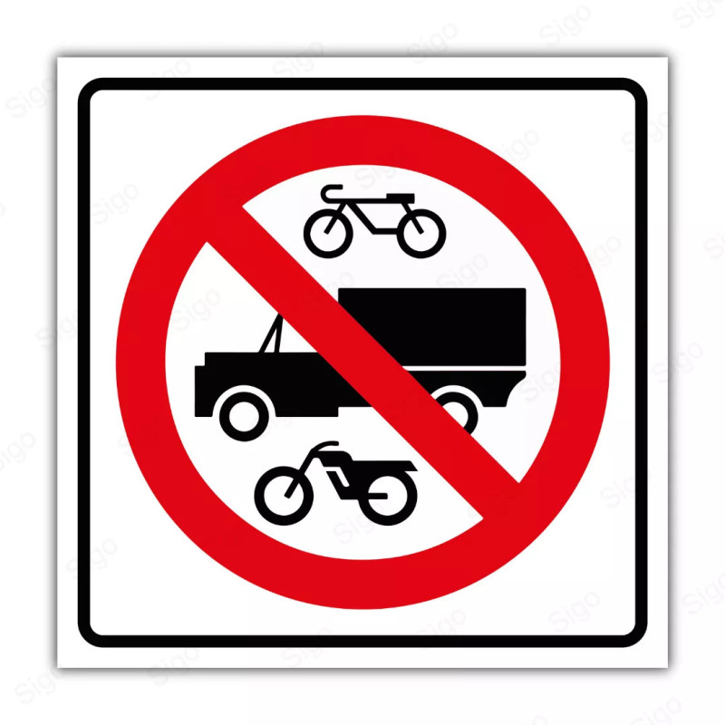 Rótulo Vial Reglamentario - Prohibido Camiones, Bicletas, Motos | Cod. SR - 27