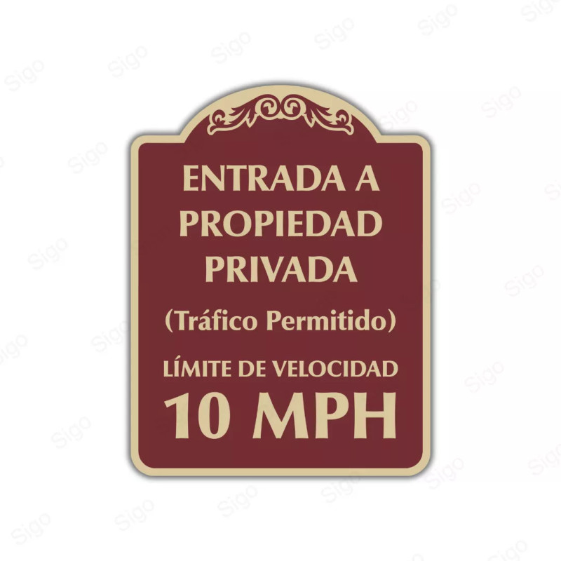 Rótulo Vial Residencial - Entrada a Propiedad Privada (Tráfico Permitido) Límite de Velocidad 10 MPH