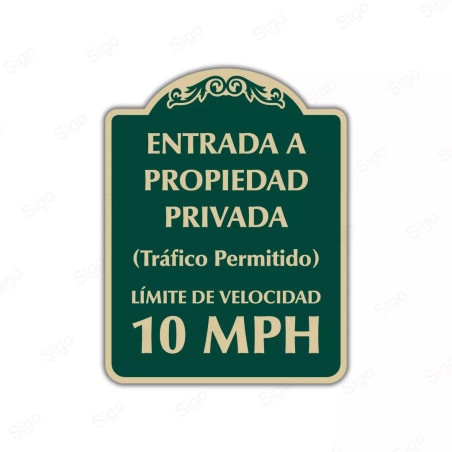 Rótulo Vial Residencial - Entrada a Propiedad Privada (Tráfico Permitido) Límite de Velocidad 10 MPH