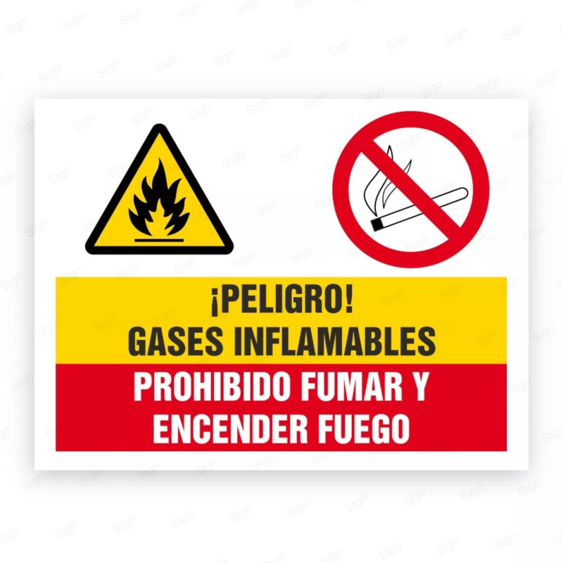 Señales Combinadas - ¡Peligro! Gases Infamables Prohibido Fumar Y Encender Fuego |Cod. CB-10, Carteleras de Seguridad Industrial