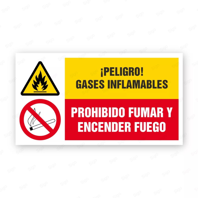 Señales Combinadas - ¡Peligro! Gases Infamables Prohibido Fumar Y Encender Fuego |Cod. CB-11, Carteleras de Seguridad Industrial