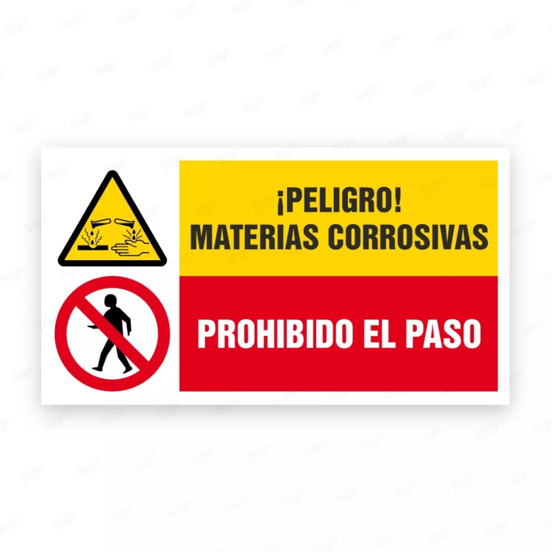Señales Combinadas - ¡Peligro! Materias Corrosivas Prohibido El Paso |Cod. CB-23, Carteleras de Seguridad Industrial y EPP