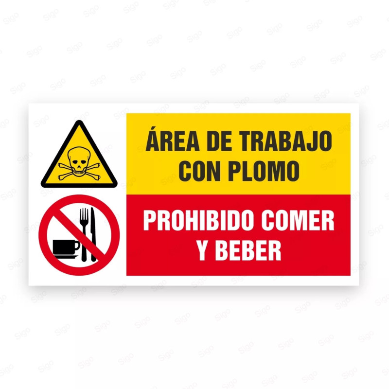 Señales Combinadas - Área de Trabajo con Plomo Prohibido Comer Y Beber|Cod. CB-35, Carteleras de Seguridad Industrial y EPP