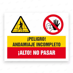 Señales Combinadas - ¡Peligro! Andamiaje Incompleto ¡Alto! No Pasar|Cod. CB-55, Carteleras de Seguridad Industrial y EPP