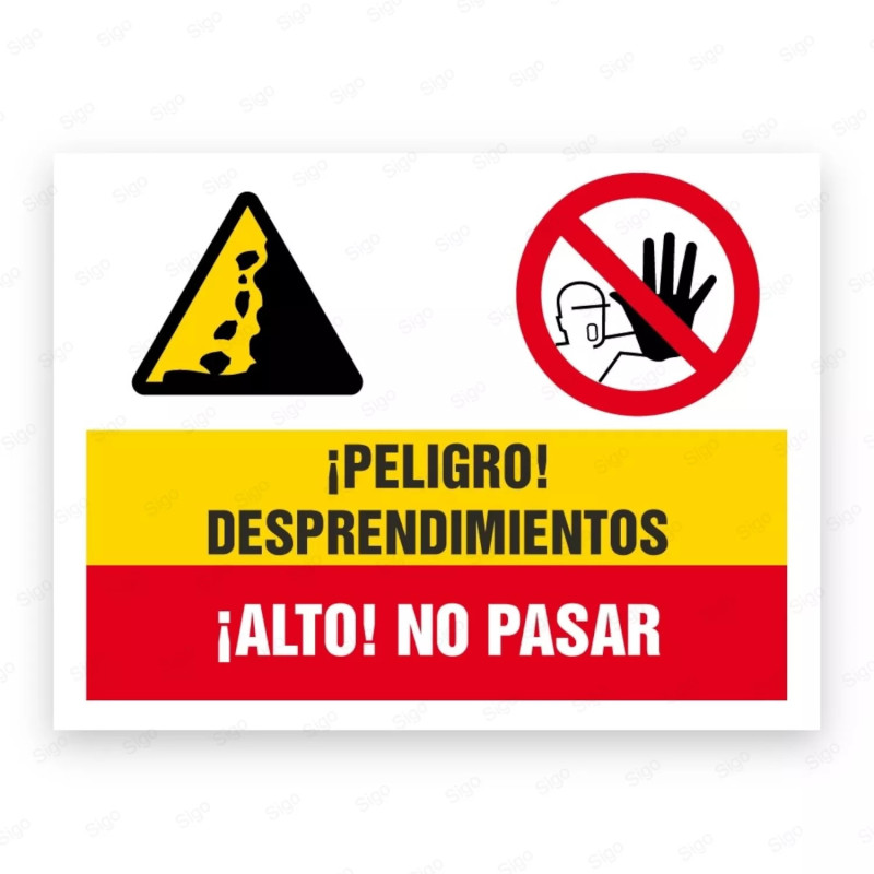 Señales Combinadas - ¡Alto! Desprendimientos ¡Alto! No Pasar|Cod. CB-67, Carteleras de Seguridad Industrial y EPP