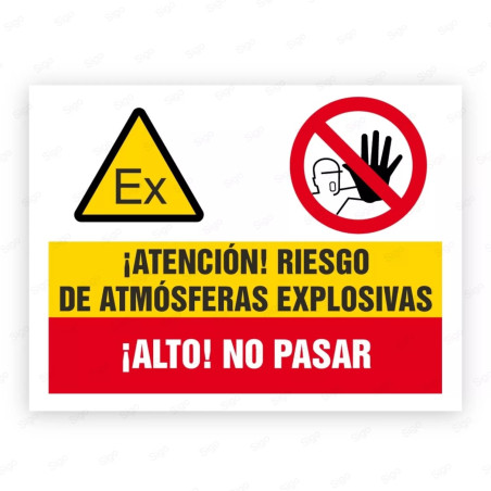 Señales Combinadas -¡Atención! Riesgo de Atmósferas Explosivas ¡Alto! No Pasar| Cod. CB-79, Carteleras de Seguridad Industrial y