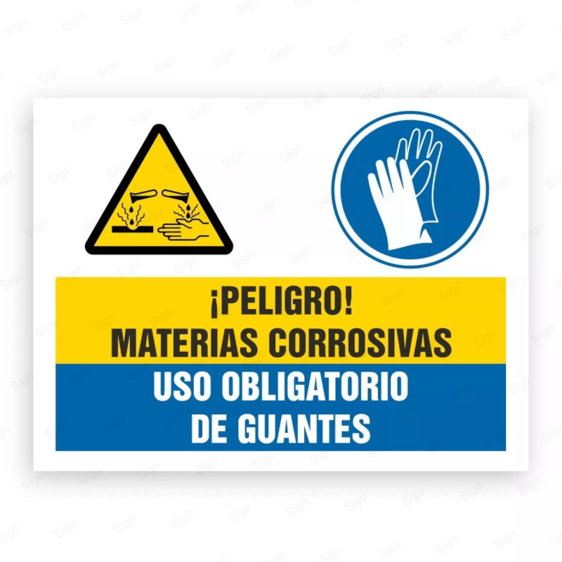 Señales Combinadas - ¡Peligro Materias Corrosivas! Uso Obligatorio de Guantes | Cod. CB-94, Carteleras de Seguridad Industrial y