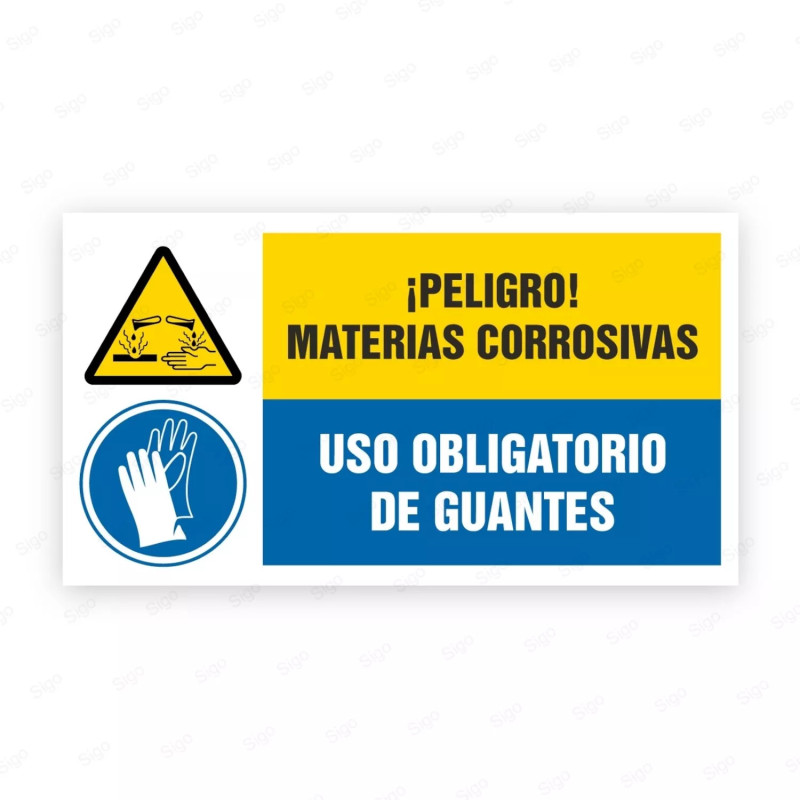 Señales Combinadas - ¡Peligro Materias Corrosivas! Uso Obligatorio de Guantes | Cod. CB-95, Carteleras de Seguridad Industrial y